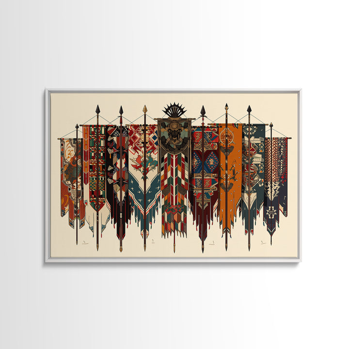 Patterned Tribal War Banners With Spears, African Wall Art, Ankara Decor, Cultural Art Print, Bold Framed Canvas Print, Ethnic Wall Decor