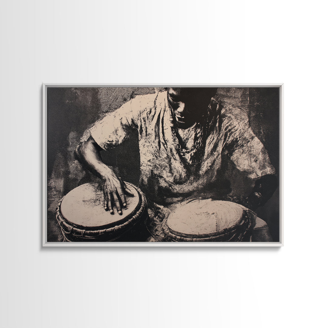 Monochrome African Drummer Portrait, African Wall Art, Black Culture Art, Tribal Decor, Black Art Print, Framed Canvas Print