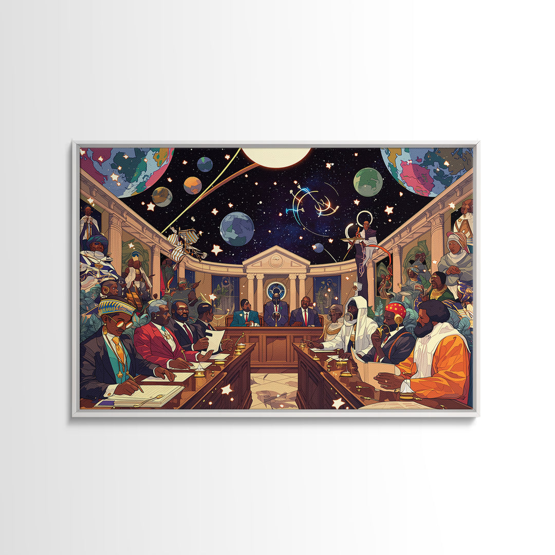 Afrofuturist African Council In Space Canvas Print, Black Culture Art, Diaspora Art, Modern African Art, Statement Wall Decor