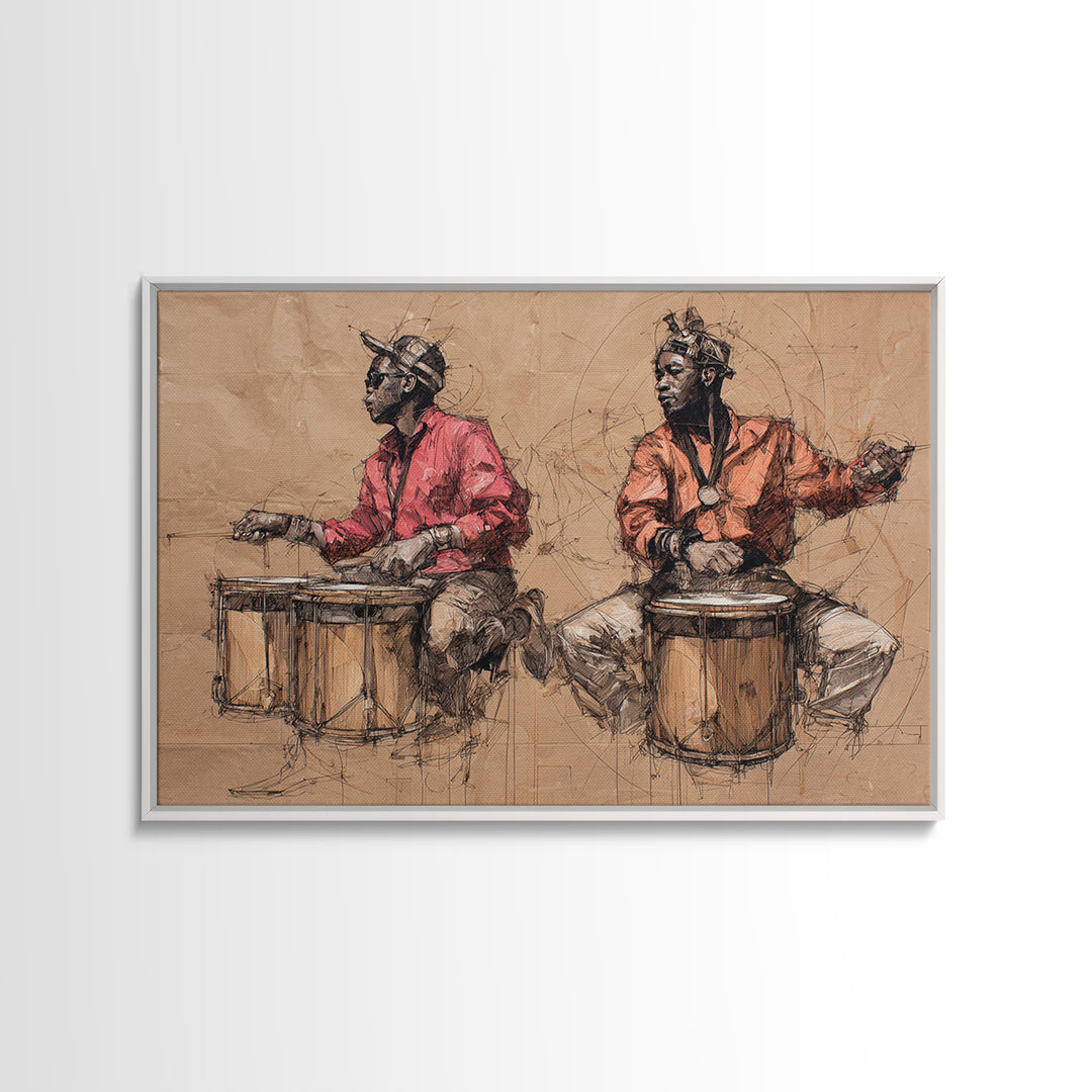Two African Drummers Sketch Framed Canvas Print, Tribal Art Print, African Culture Art, Music Room Decor, Afrocentric Artwork
