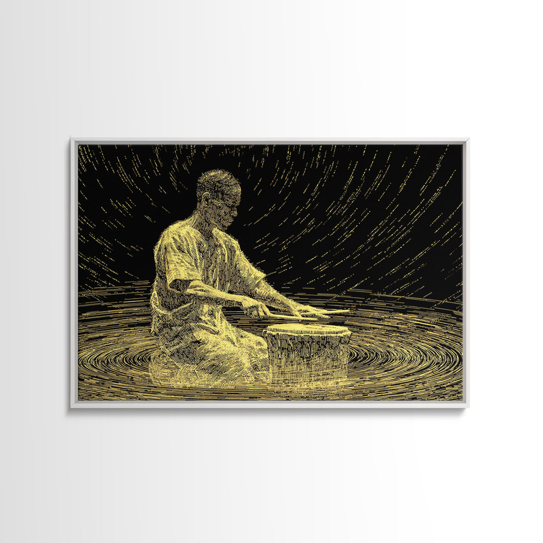 Golden African Drummer Line Art Wall Art, Black And Gold Art, Spiritual Music Decor, Afrocentric Wall Art, Unique Canvas