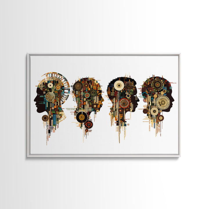 Four Afrofuturist Profile Heads Wall Art, Geometric Portrait Canvas, Black Culture Decor, Modern Abstract Office Gift For Home