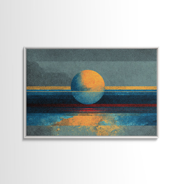 Textured Abstract Sun Over Ocean Wall Art, Minimalist Seascape Canvas Print, Blue Orange Modern Decor, Dreamy Home Gift For Bedroom