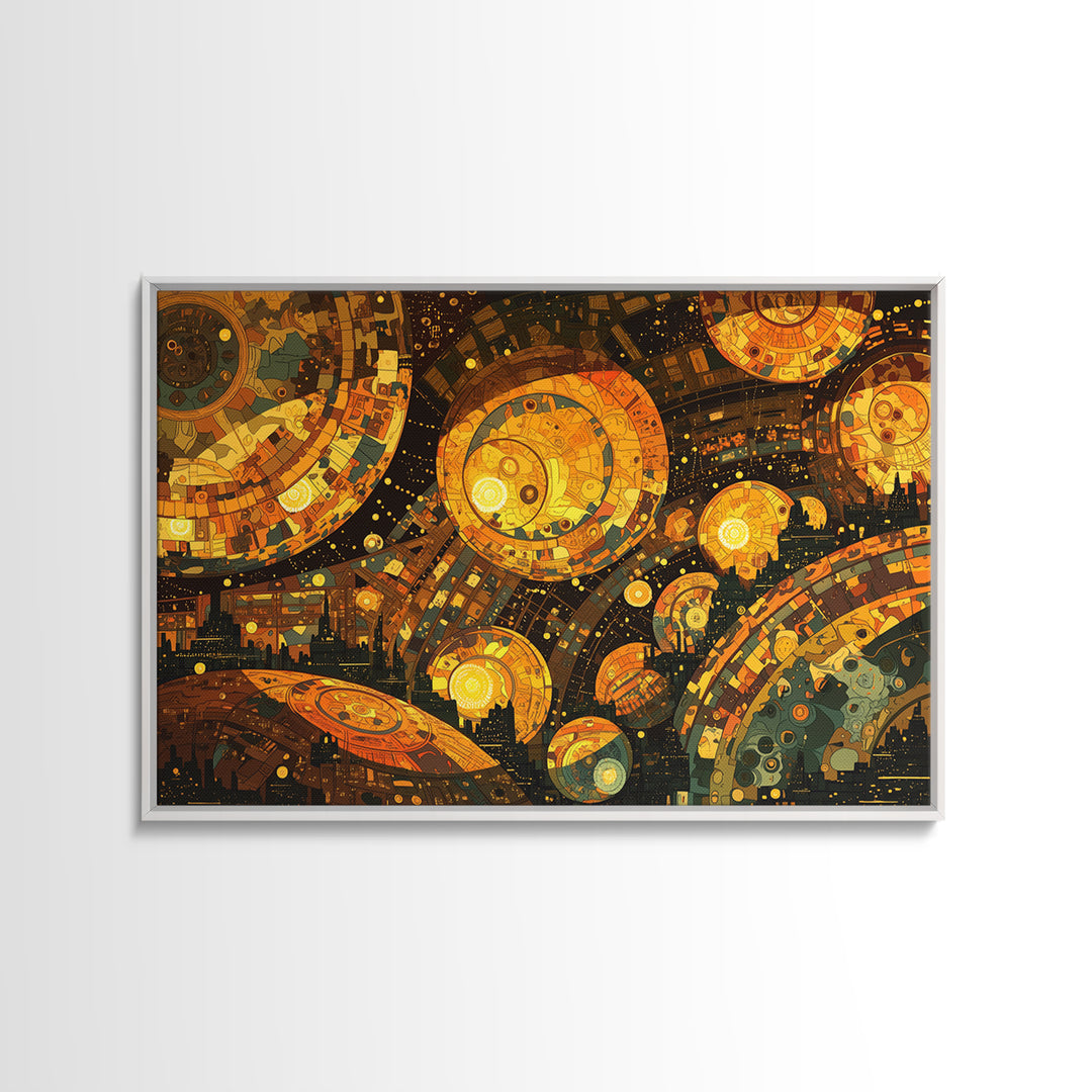Golden Cosmic Mechanical Orbs Canvas Print, Futuristic Abstract Wall Art, Orange Space Decor, Unique Modern Statement Gift