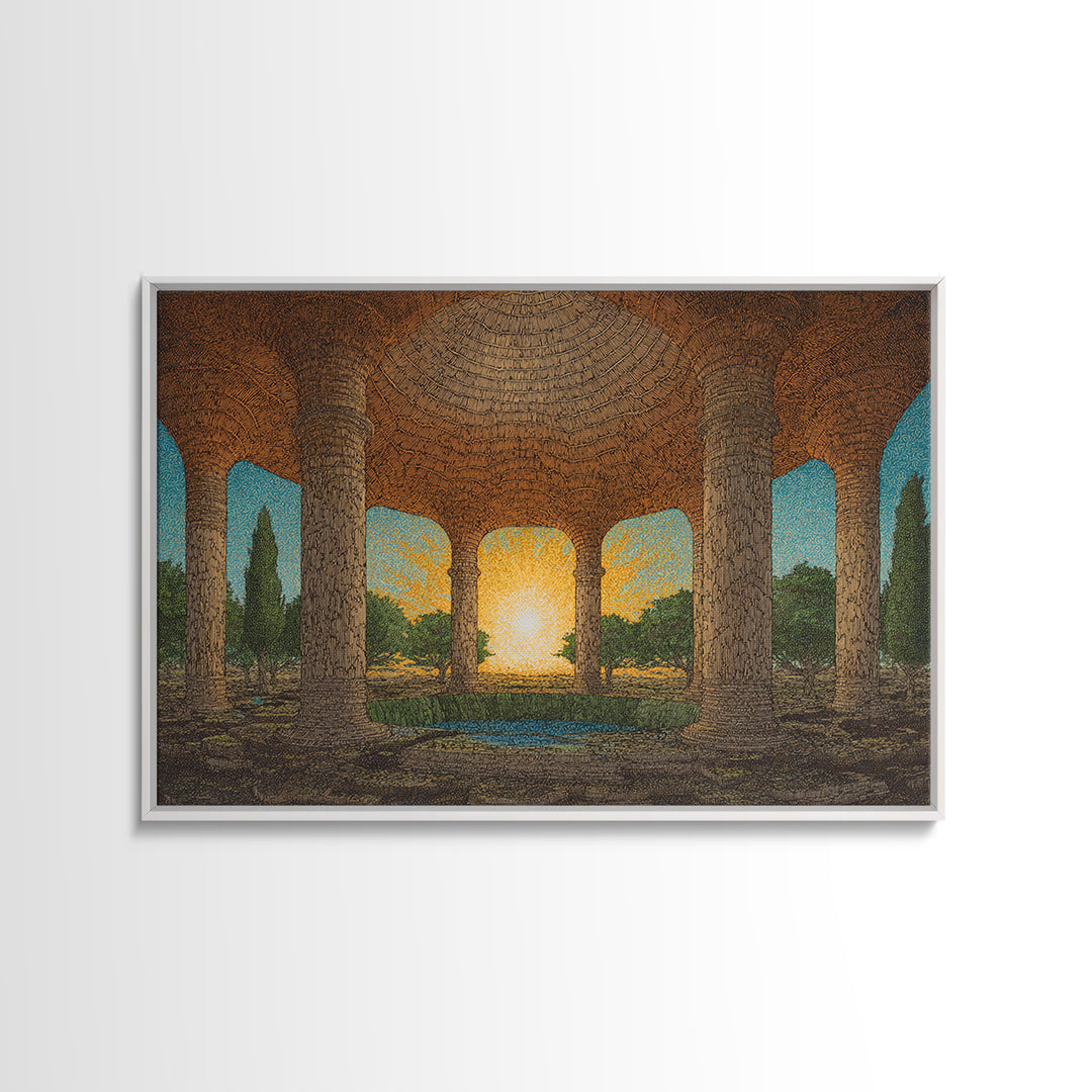 Ancient Stone Colonnade Garden Wall Art, Sunset Rotunda Landscape Canvas Print, Earth Tone Cultural Home Decor Gift For Living Room