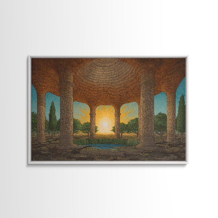 Ancient Stone Colonnade Garden Wall Art, Sunset Rotunda Landscape Canvas Print, Earth Tone Cultural Home Decor Gift For Living Room