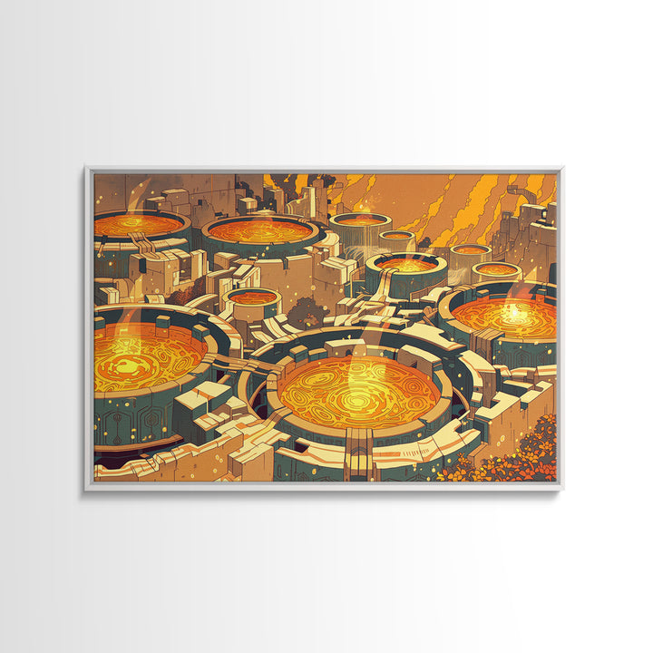 Futuristic Golden Circular City Canvas Print, Sci Fi Abstract Wall Art, Orange Urban Decor, Modern Statement Piece For Home Office