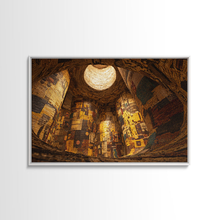 Cavernous Golden Patterned Tower Wall Art, Mystical Architecture Canvas Print, Warm Abstract Cultural Home Decor Gift For Gallery