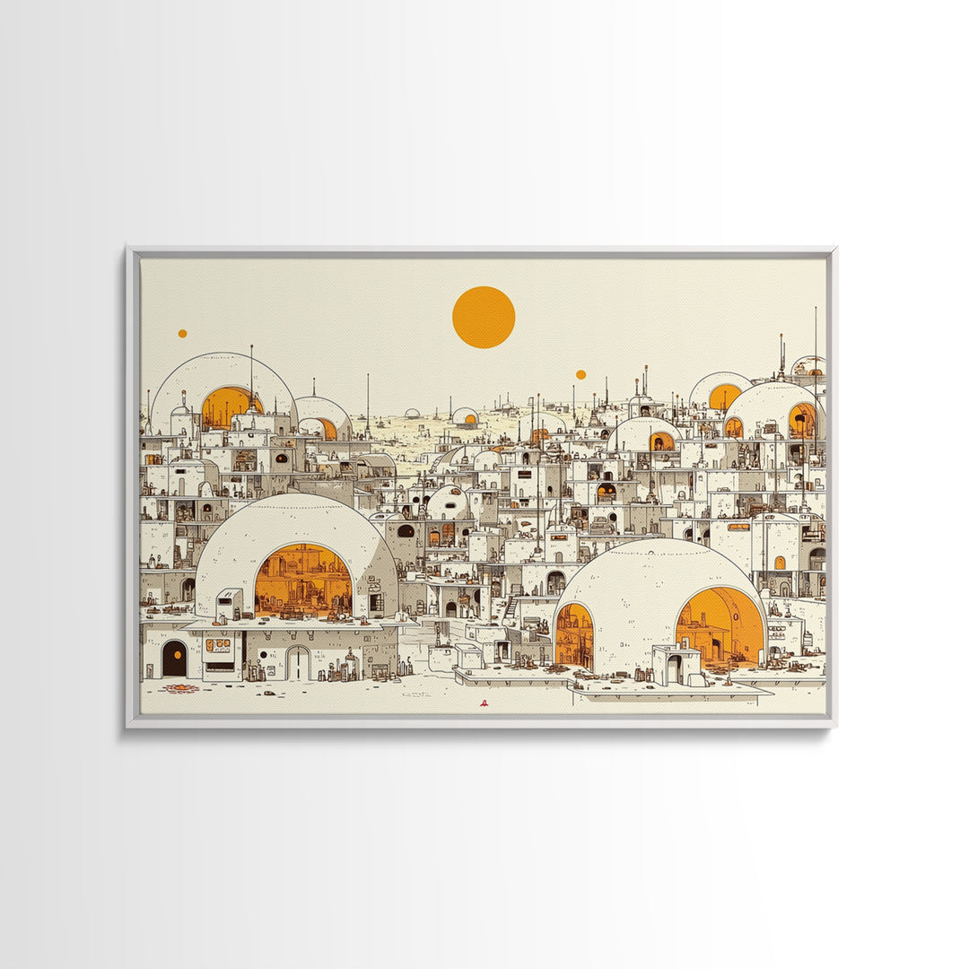 White Desert Dome City With Orange Sun Wall Art, African Landscape Print, Modern North African Decor, Boho Living Room Art
