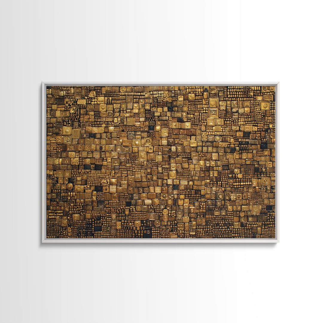 Gold And Black Geometric Mosaic Textile Wall Art, African Abstract Art, Kuba Cloth Decor, Luxury Modern Living Room Wall Decor