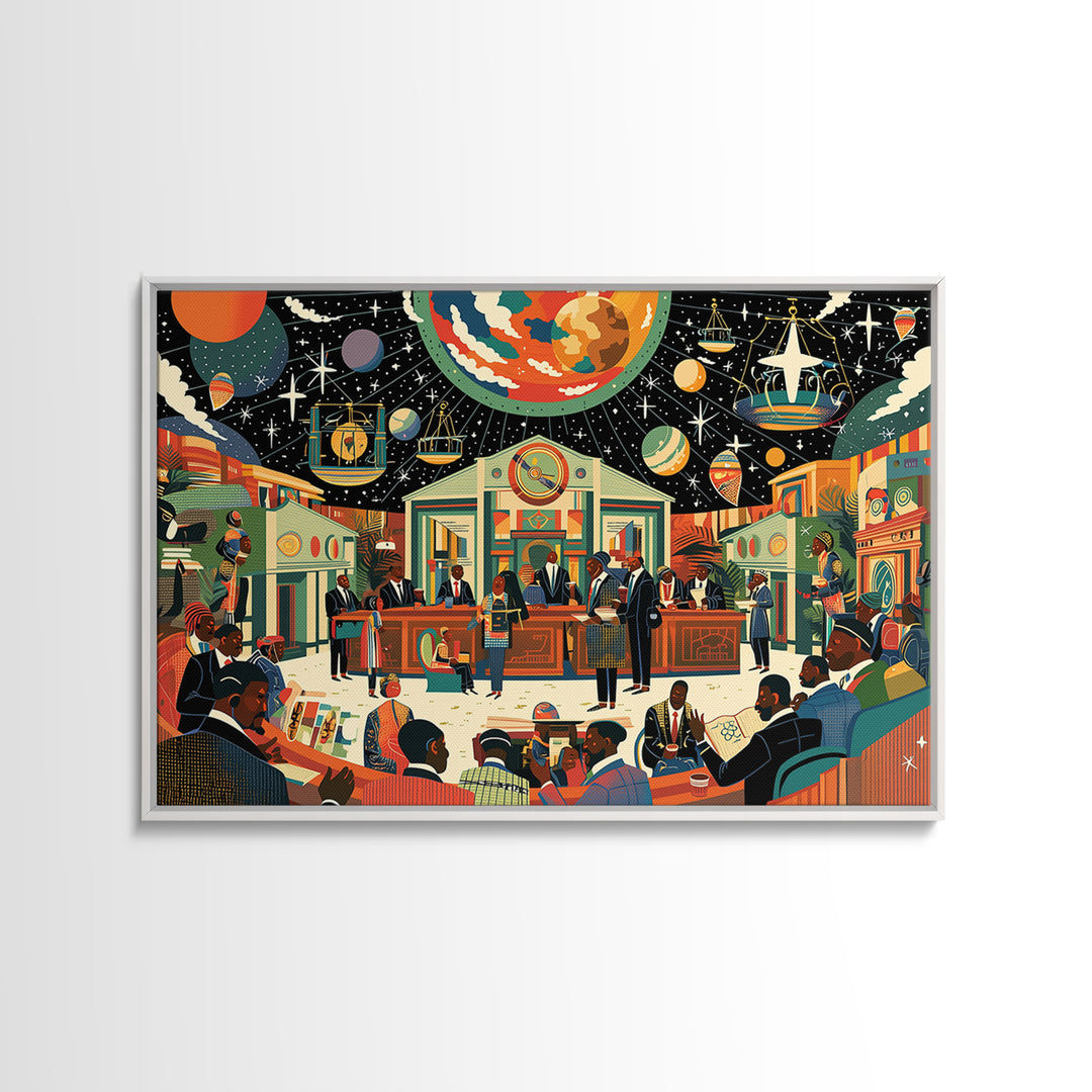 Afrofuturist Community Court Under Cosmic Sky Wall Art, Black Culture Art, African American Art, Juneteenth Home Decor Gift