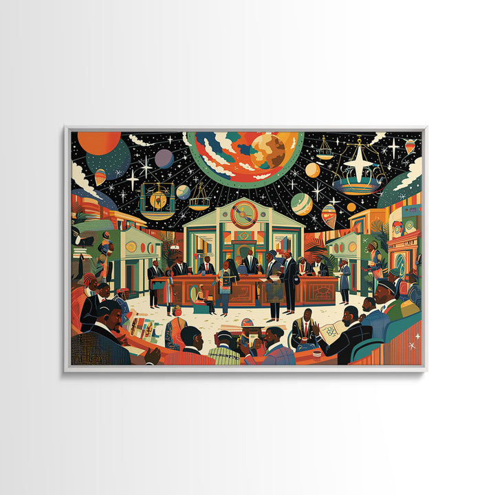 Afrofuturist Community Court Under Cosmic Sky Wall Art, Black Culture Art, African American Art, Juneteenth Home Decor Gift
