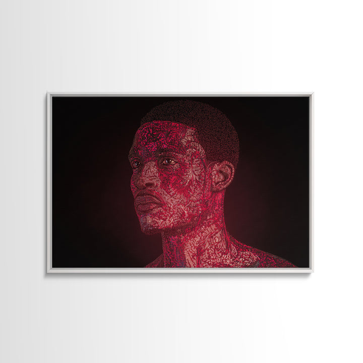 Red Patterned Black Man Portrait Framed Canvas Print, Abstract Black Art, Afrocentric Artwork, Modern Ethnic Wall Decor Gift