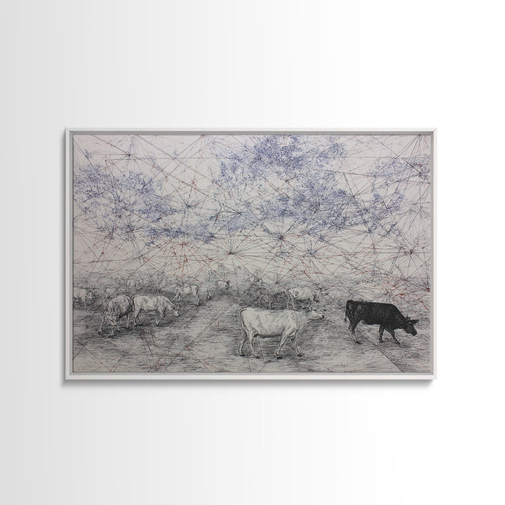 Pastoral Cattle Under Abstract Network Sky Wall Art, African Landscape, Farm Animal Art, Minimalist Office Decor Gift For Him