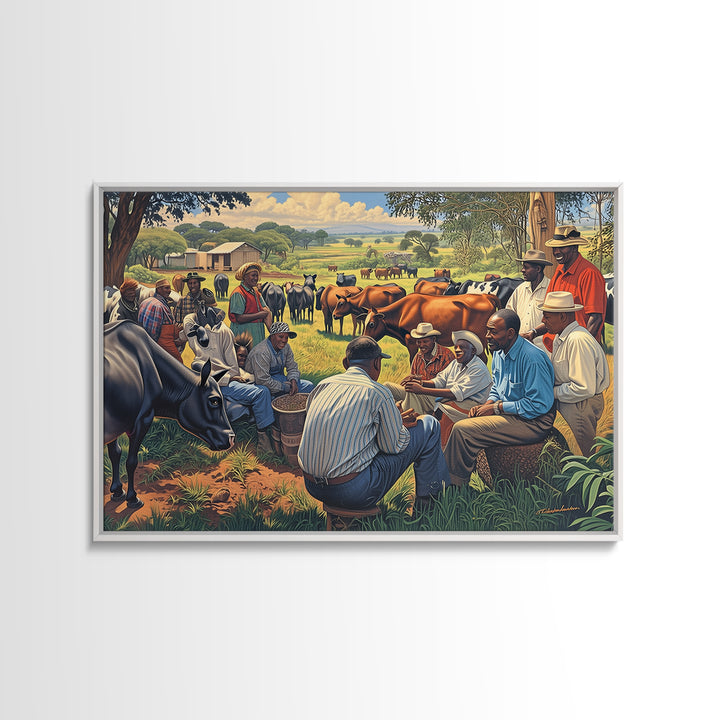 Rural African Cattle Market Gathering Wall Art, African Culture Art, Black People Art, Farm Landscape Home Decor Gift For Him