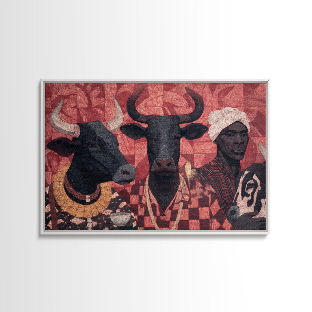 Red Tribal Cattle And African Woman Collage Wall Art, Afrocentric Decor, African Wall Decor, Cultural Art Print, Home Decor Gift