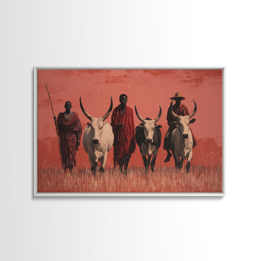 Maasai Warriors With White Cattle Framed Canvas Print, African Safari Art, Tribal Art Decor, Cultural Wall Art, Statement Decor