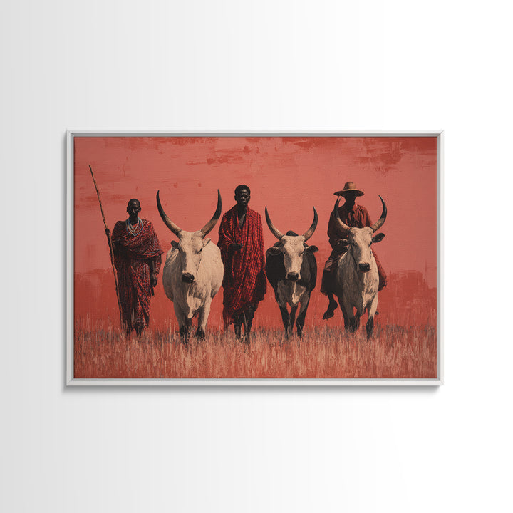 Maasai Warriors With White Cattle Framed Canvas Print, African Safari Art, Tribal Art Decor, Cultural Wall Art, Statement Decor
