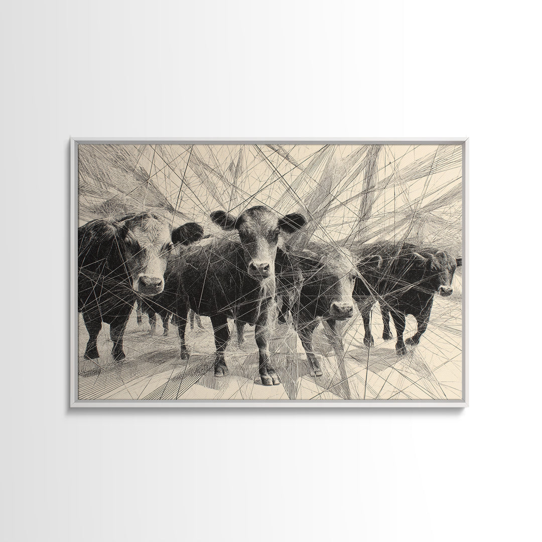 Black And White Abstract Cattle Drawing Canvas Print, African Animal Art, Modern African Art, Ethnic Wall Decor, Minimalist Poster