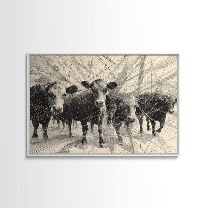 Black And White Abstract Cattle Drawing Canvas Print, African Animal Art, Modern African Art, Ethnic Wall Decor, Minimalist Poster