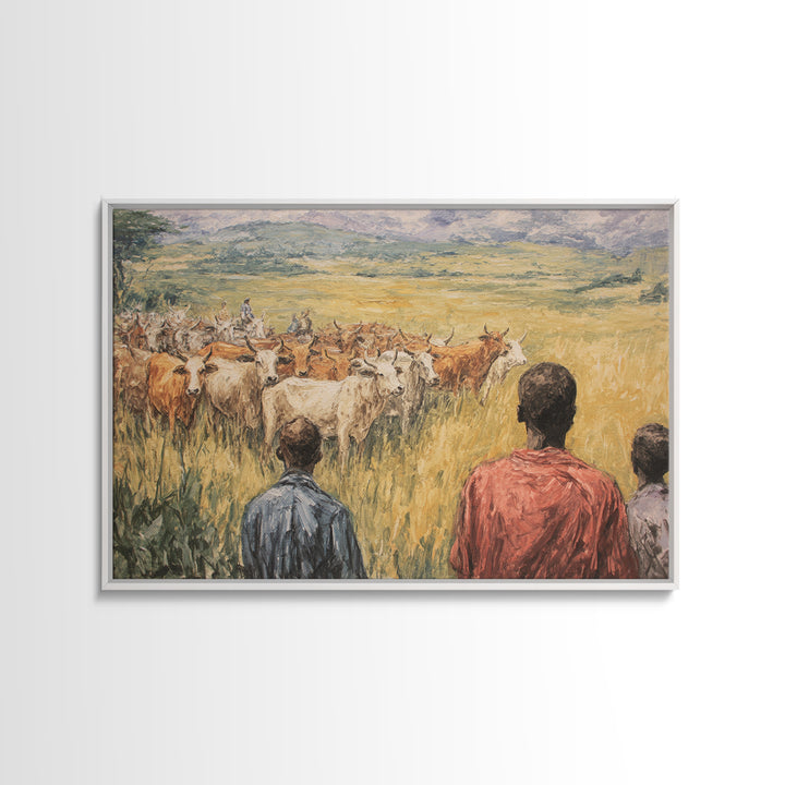 Pastoral African Cattle Herd Landscape Wall Art, African Painting, Safari Art, Cultural Home Decor, Living Room Decor, Gift