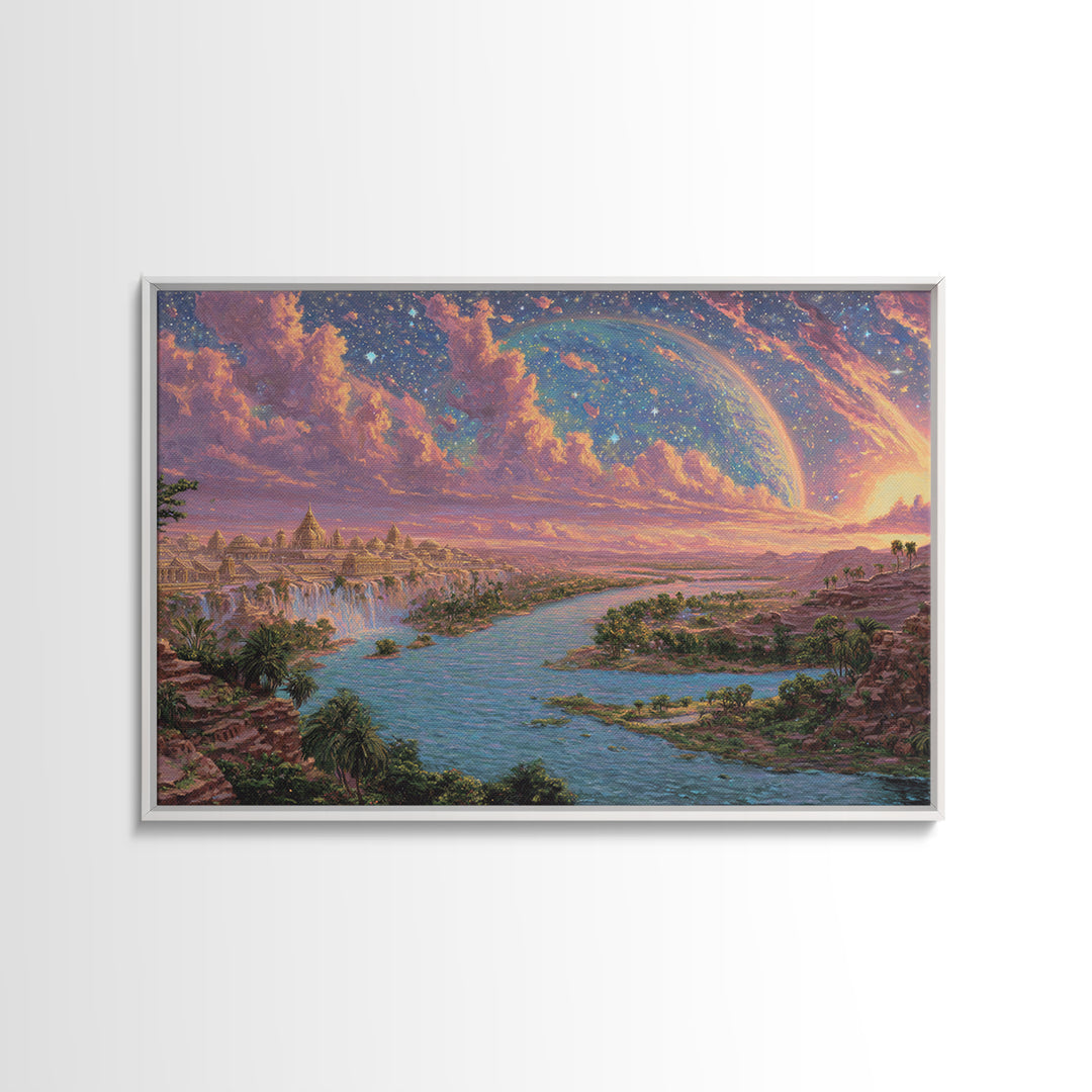 Ancient Nile River Temple Under Cosmic Sky Framed Canvas Print, African Egyptian Art, Fantasy Landscape, Luxury Canvas Art