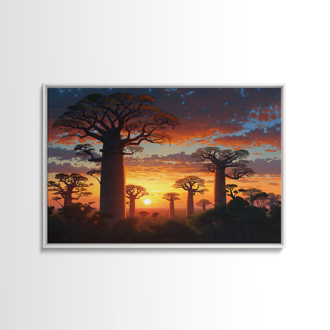 Majestic Baobab Forest At Sunset Framed Canvas Print, African Landscape, Serengeti Wall Art, Jungle Decor, Statement Wall Piece