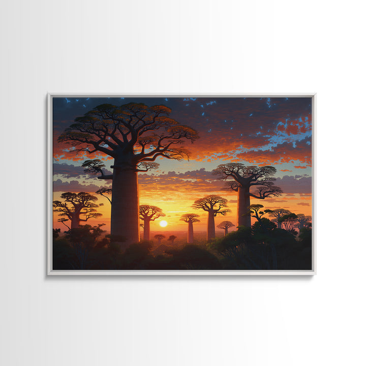 Majestic Baobab Forest At Sunset Framed Canvas Print, African Landscape, Serengeti Wall Art, Jungle Decor, Statement Wall Piece