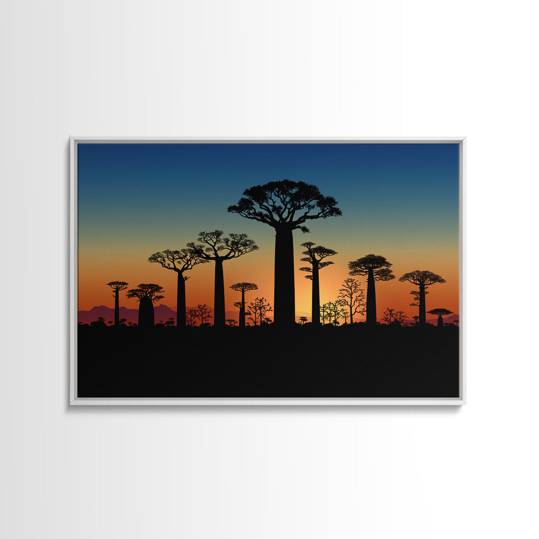 Baobab Tree Silhouettes At Blue Dusk Canvas Print, Madagascar Wall Art, African Tree, Minimalist Wall Art, Safari Decor, Office Decor