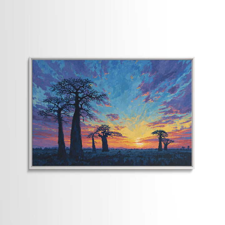 Painterly Blue Baobab Sunset Landscape Wall Art, African Landscape, Dreamy Wall Art, Modern Canvas Art, Colorful Wall Decor