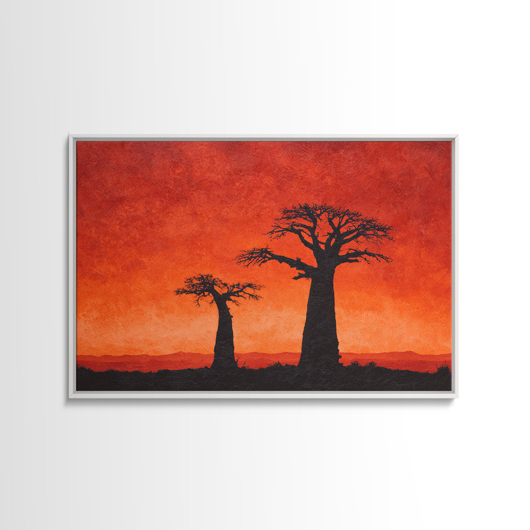 Baobab Tree Silhouettes At Fiery Sunset Wall Art, African Landscape, Safari Decor, Burnt Orange Art Print, Living Room Decor