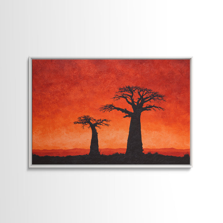 Baobab Tree Silhouettes At Fiery Sunset Wall Art, African Landscape, Safari Decor, Burnt Orange Art Print, Living Room Decor