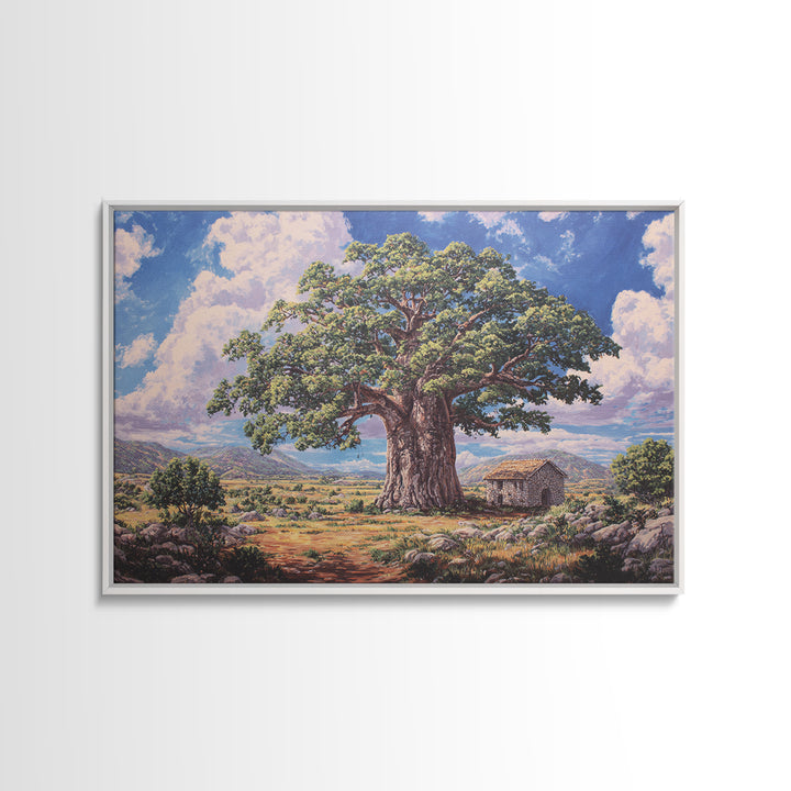 Ancient Baobab Beside Rustic Hut Framed Canvas Print, African Landscape, Cultural Wall Art, Earth Tone Decor, Housewarming Gift
