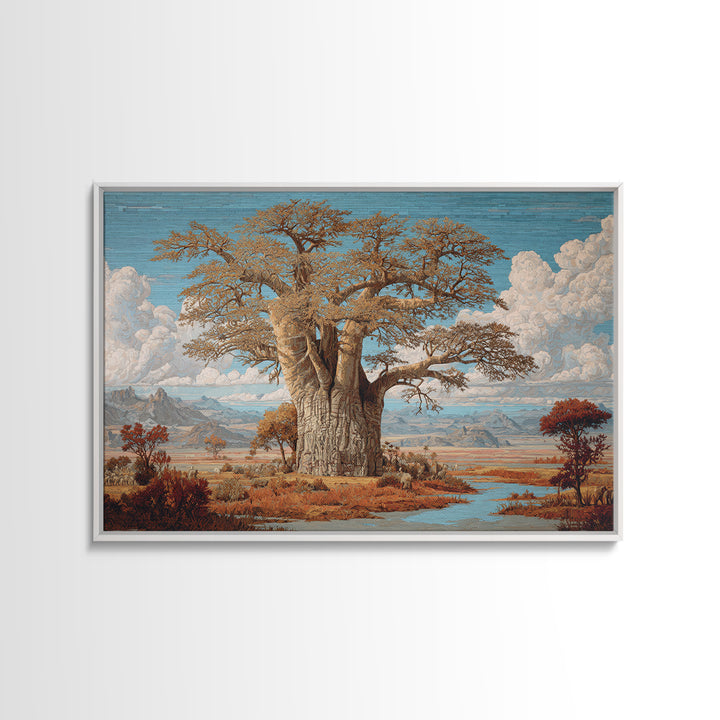 Monumental Baobab By River Plains Canvas Print, African Landscape, Safari Decor, Blue Wall Art, Elegant Home Decor Gift For Her