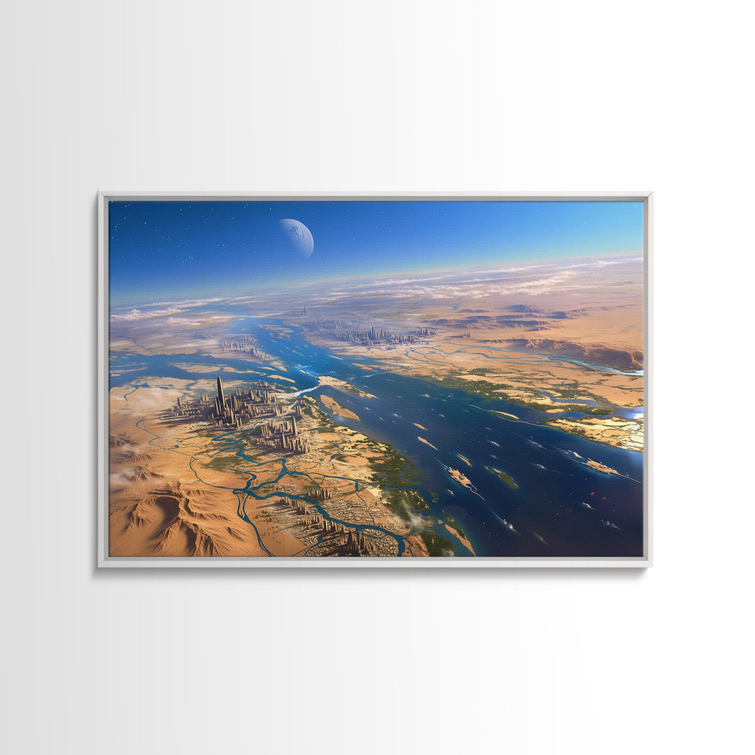 Futuristic Nile River Cities From Space Canvas Print, African Egyptian Art, Desert Landscape, Digital Wall Art, Modern Home Decor
