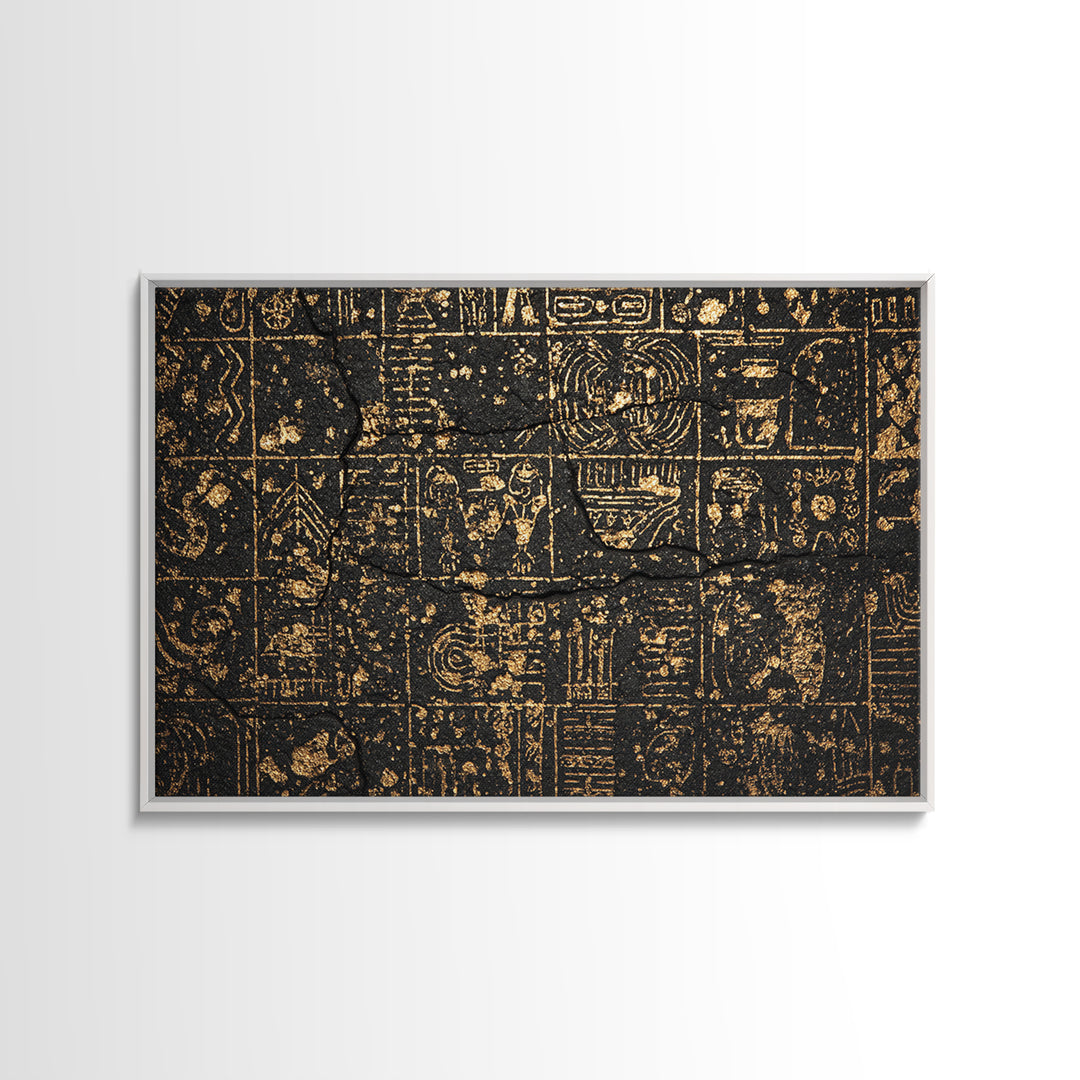 Ancient Egyptian Glyphs On Black Stone Canvas Print, African Egyptian Art, Black And Gold Art, Cultural Art Print, Wall Decor