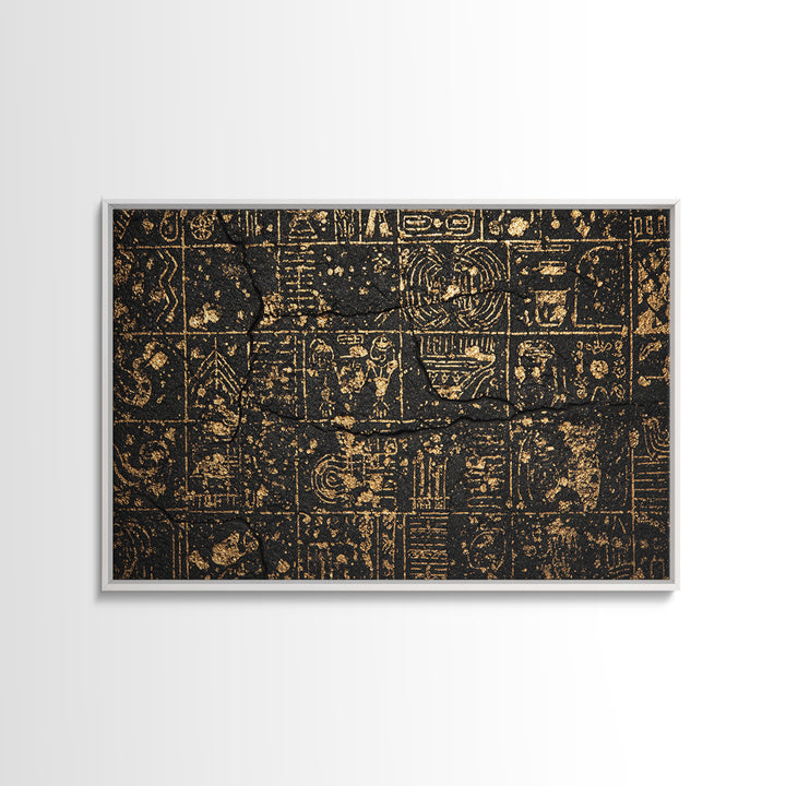Ancient Egyptian Glyphs On Black Stone Canvas Print, African Egyptian Art, Black And Gold Art, Cultural Art Print, Wall Decor
