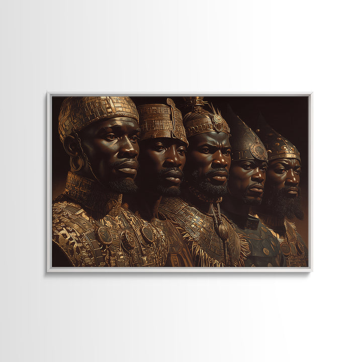 Golden African Kings Portrait Framed Canvas Print, African Warrior Art, Black History Art, Afrocentric Wall Decor Gift For Him