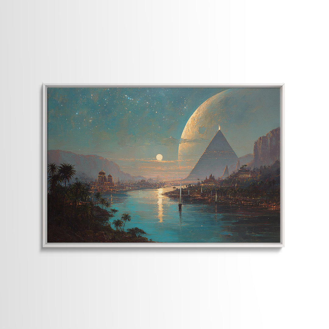 Dreamy Egyptian Pyramid River Wall Art, African Landscape, Ancient Egyptian Art Print, Fantasy Moonlit Home Decor Gift For Bedroom
