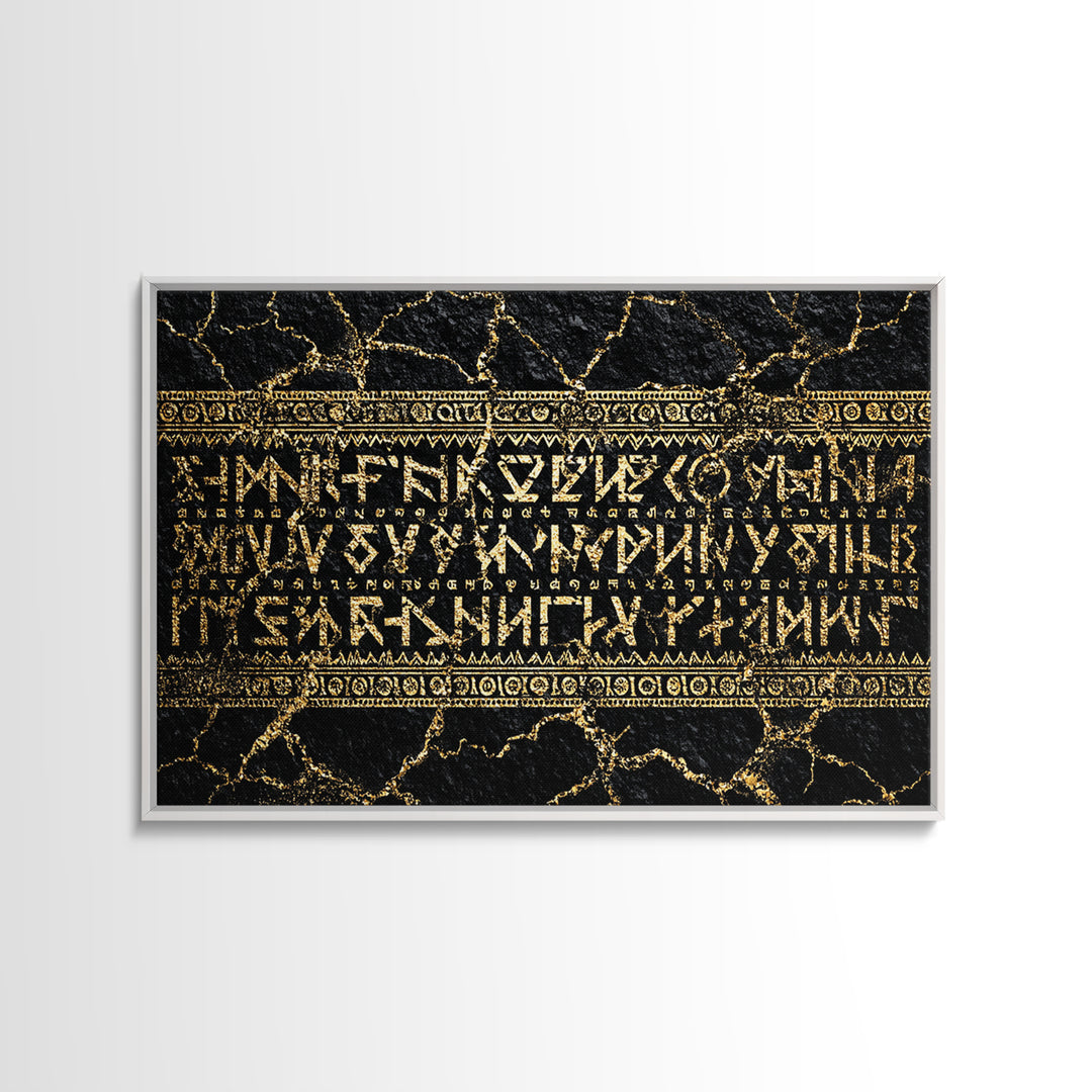 Gold Ancient Script On Black Stone Framed Canvas Print, African Egyptian Art, Cultural Wall Decor, Luxury Home Decor Gift