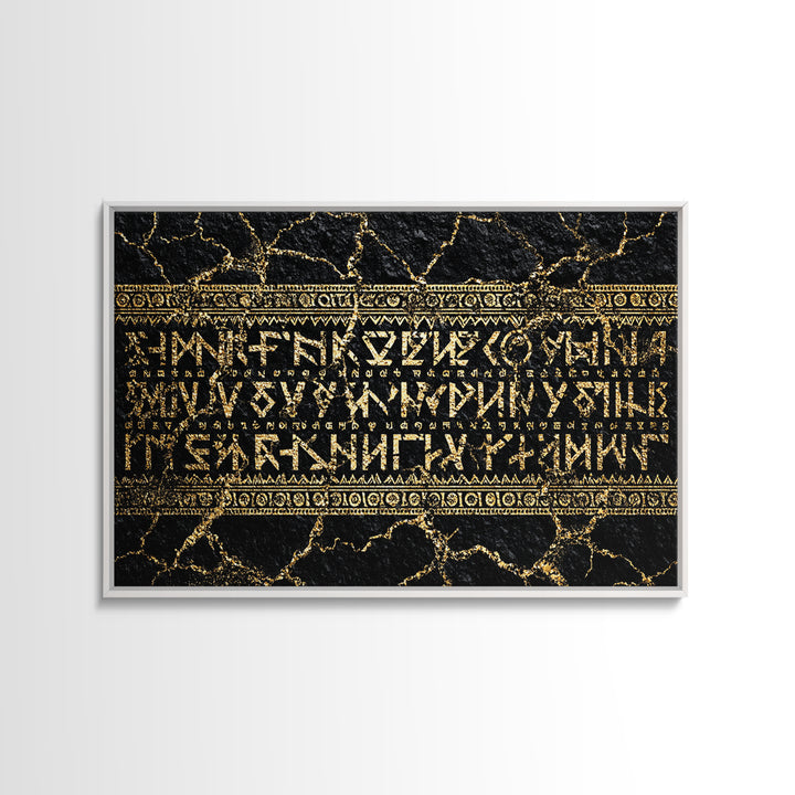 Gold Ancient Script On Black Stone Framed Canvas Print, African Egyptian Art, Cultural Wall Decor, Luxury Home Decor Gift