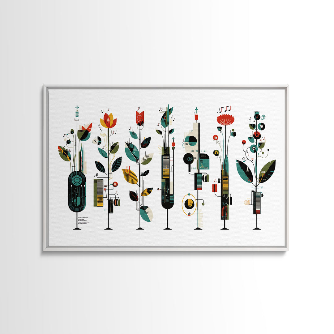 Musical Botanical Towers With Abstract Flowers Wall Art, Modern African Inspired Decor, Colorful Living Room Canvas Print