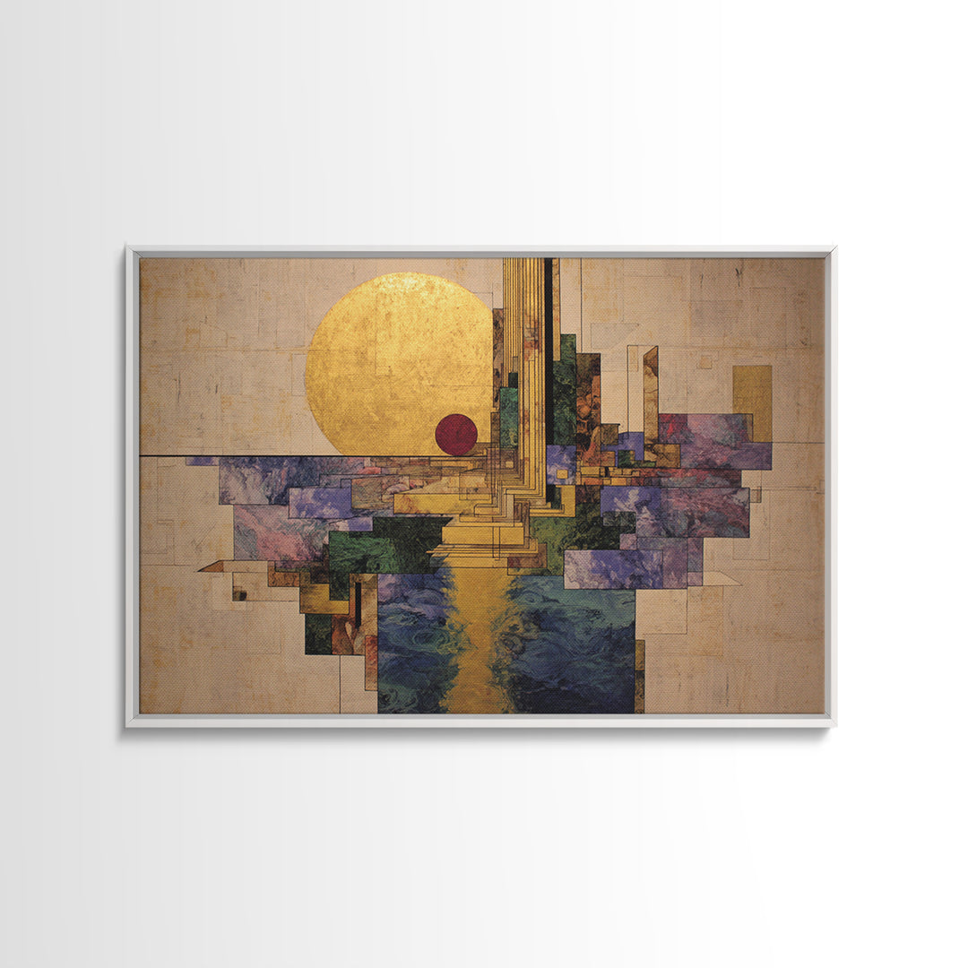 Golden Sun Geometric City Over Water Framed Canvas Print, African Abstract Wall Art, Luxury Modern Living Room Home Decor Gift