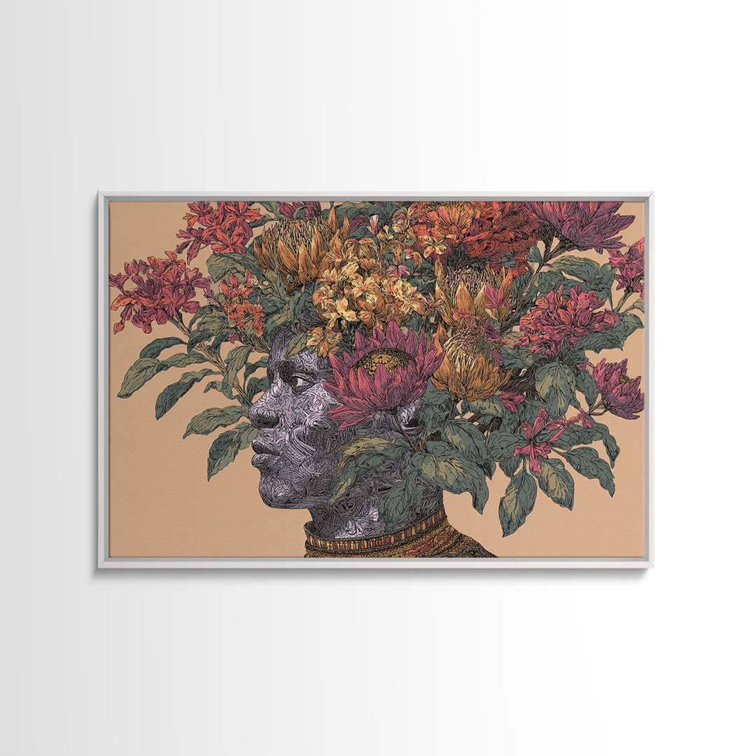 African Woman Profile With Protea Floral Crown Wall Art, Afrocentric Portrait Canvas Print, Black Beauty Home Decor Gift