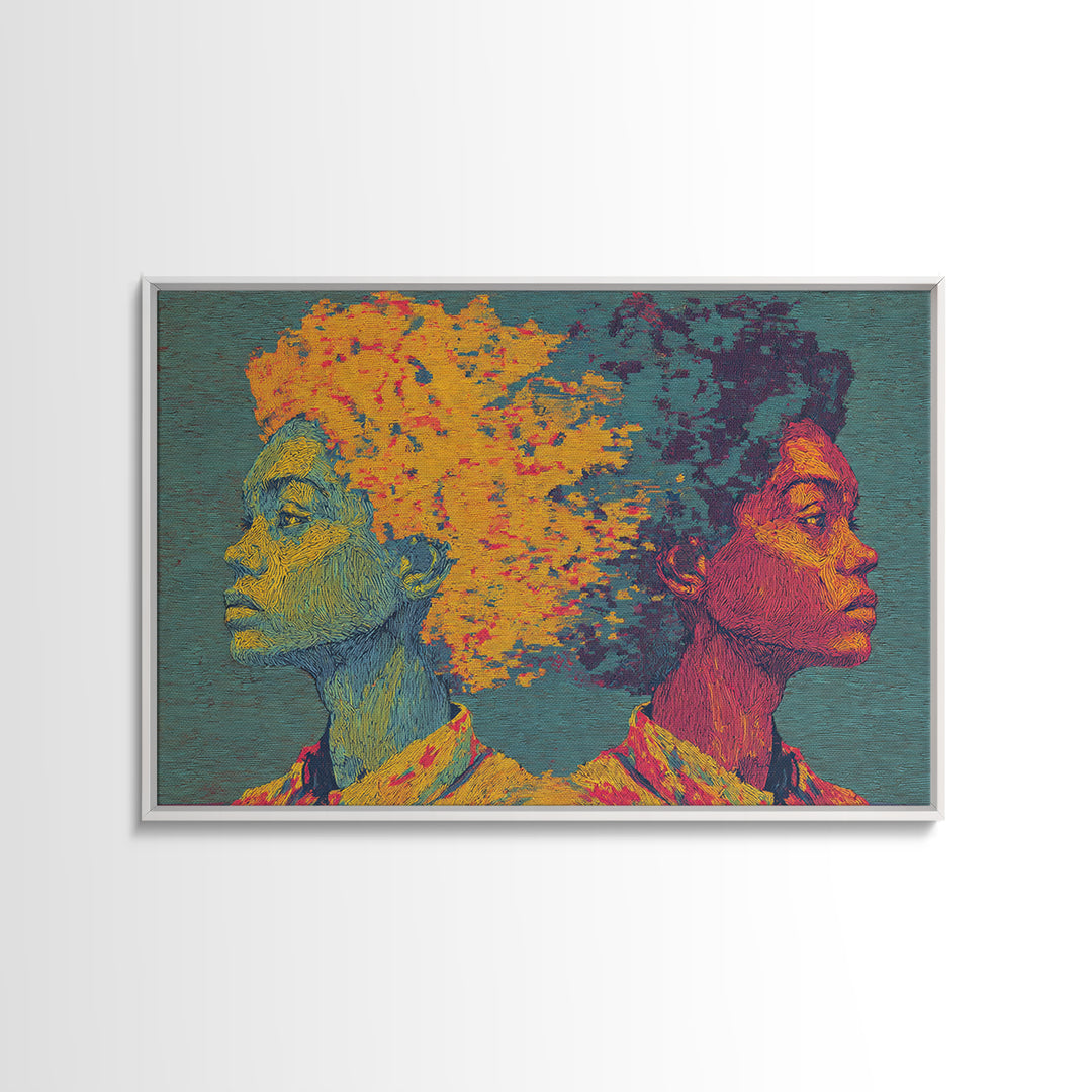 Vibrant Black Couple Opposing Profiles Wall Art, African Abstract Canvas Print, Textured Afrocentric Portrait Decor Gift