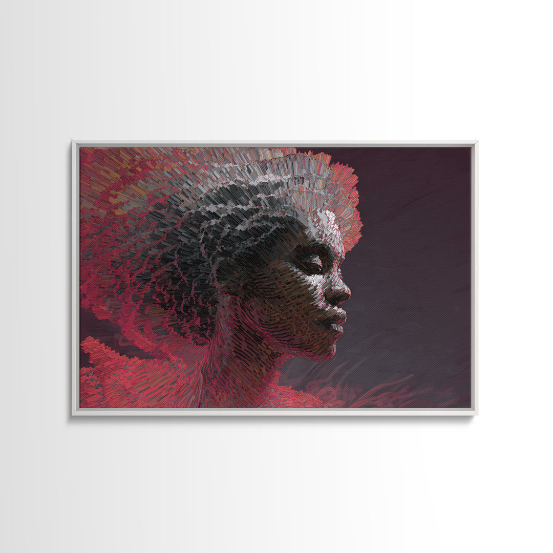 Mosaic Black Woman Profile In Red Shadows Wall Art, Abstract African Canvas Print, Contemporary Afrocentric Home Decor Gift