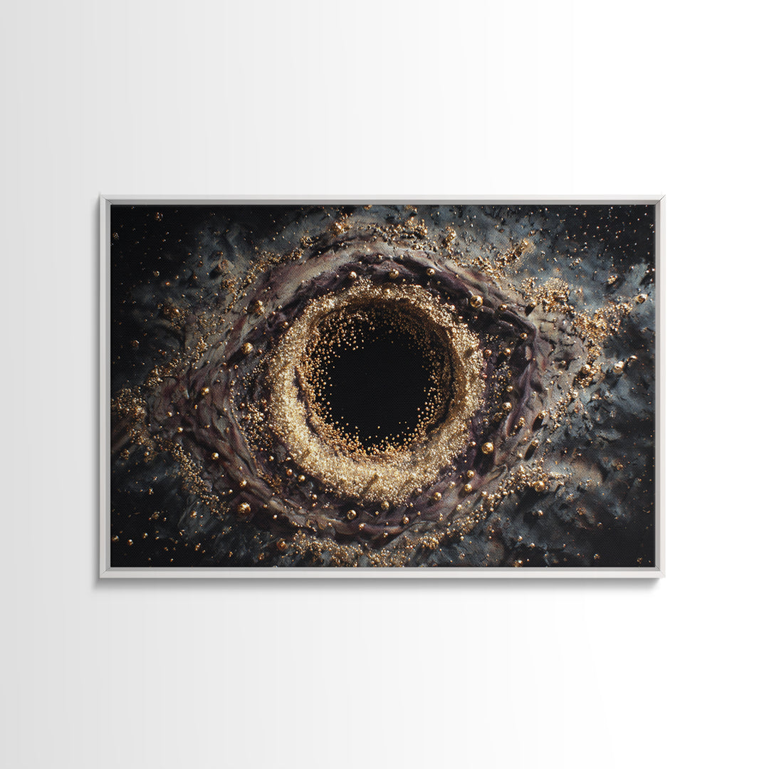 Glittering Black Hole Vortex Framed Canvas Print, Abstract Art, Black And Gold Art, Modern Wall Decor, Unique Home Decor
