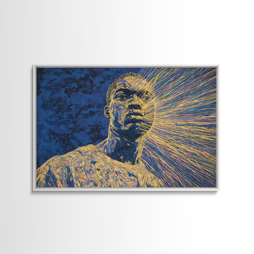 Radiant Black Man Portrait Wall Art, Afrocentric Art, Modern Black Art, Blue And Gold Canvas Print, Black Culture Art Decor