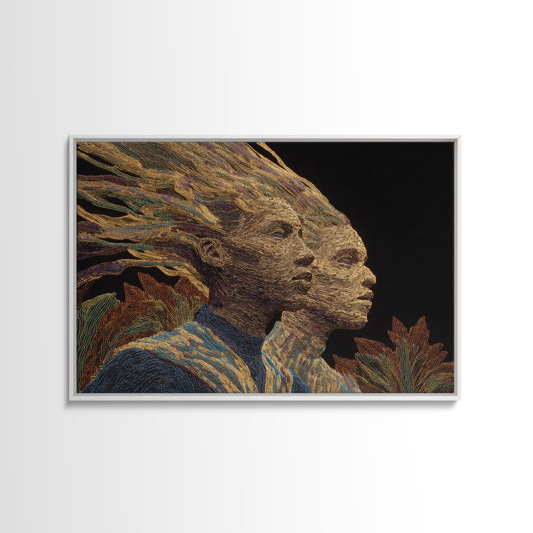 Surreal African Woman Double Portrait Canvas Print, African Women Art, Afrocentric Wall Art, Gold Textile Art, Elegant Decor