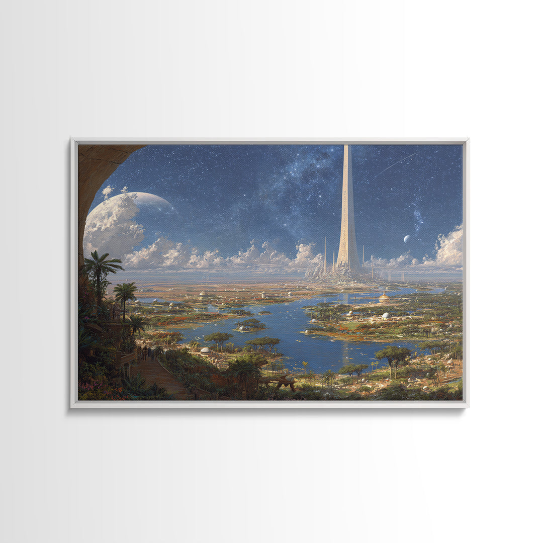 Afrofuturist African Cityscape Wall Art, Futuristic Nile Landscape, Digital Art Africa, Modern Canvas Print, Large Decor Art